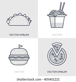 Vector set of logo design templates and emblems - fast food concepts for cafes, food catering and restaurants - mexican, italian and asian cuisines