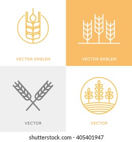 Vector set of logo design templates in trendy linear style - wheat and grain graphics for bakery emblems