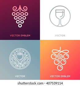 Vector set of logo design templates and emblems - wine labels design elements and wine restaurants and bars - grape symbols