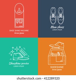 Vector Set Of Logo Design Templates, For Shoeshine Service. Man Shoes, Shoe Care Equipment, Shoe Shine Machine. Outline Icon For Shoe Care In Trendy Linear Style.