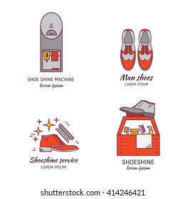 Vector Set Of Logo Design Templates, For Shoeshine Service. Man Shoes, Shoe Care Equipment, Shoe Shine Machine. Outline Icon For Shoe Care In Trendy Linear Style.