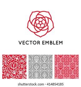 Vector set of logo design templates, seamless patterns and signs for identity, business cards and packaging - floral shops, beauty and spa studios