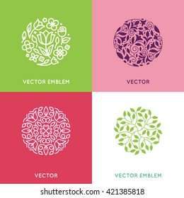 Vector set of logo design templates and emblems made with leaves and flowers - luxury beauty spa concepts - natural badges for cosmetics