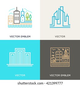 Vector set of logo design templates and symbols in trendy linear style - real estate and architecture concepts - city landscapes and buildings