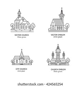 Vector set of logo design templates - christian church concepts isolated on white. Icons and symbols in linear style. City religions buildings.