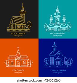 Vector set of logo design templates - christian church concepts. Icons and symbols in linear style. City religions buildings.