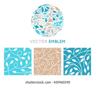 Vector set of logo design templates, seamless patterns and signs for identity, business cards and packaging - floral shops,, cosmetics packaging, beauty and spa studios