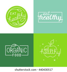 Vector set of logo design templates in trendy linear style with hand-lettering - eat healthy, organic food - vegetarian and began food badges or emblems for food packaging - labels with leaves 