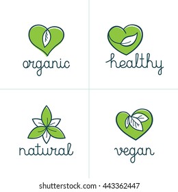 Vector set of logo design templates and badges in trendy linear style with green leaves - organic, healthy, natural, vegan - emblems for vegetarian and fresh food packaging - nature love
