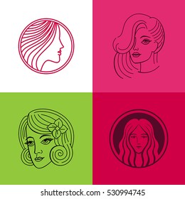 Vector set of logo design templates and abstract concepts - woman faces and portraits in trendy linear style - beauty symbols for hair salon or organic cosmetics 