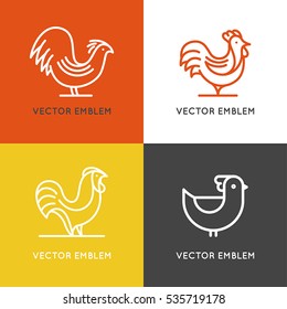 Vector set of logo design templates in linear style - rooster and hen line illustration - emblem for chicken farm or cooking concept