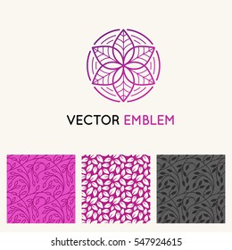 Vector set of logo design templates, seamless patterns and backgrounds for identity, business cards and packaging - floral shops, beauty, spa  and yoga studios, and holistic medicine centers