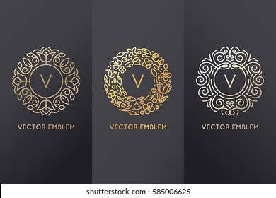 Vector set of logo design templates and monogram frames in trendy linear style with flowers and leaves made with golden foil on black background  - luxury products, organic cosmetics packaging 