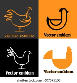 Vector set of logo design templates in linear style - rooster and hen line illustration - emblem for chicken farm or cooking concept