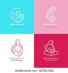 Vector set of logo design templates in trendy linear style - pregnancy and maternity concepts - happy pregnant woman