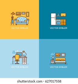 Vector set of logo design templates and illustrations in trendy minimal linear style - interior design concept - furniture and home decoration items and icons for workspace, bedroom, living room 