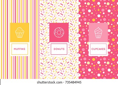 Vector set of logo design templates and seamless patterns in flat linear style for packaging - sweet cupcakes - emblems for confectionery store, bakery and cafe 