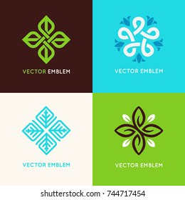 Vector set of logo design templates and emblems with leaves and lines - beauty spa concepts - green badges for yoga studios and classes, alternative medicine centers, organic and vegan food 