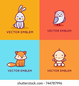 Vector set of logo design templates in cartoon flat linear style - little smiling rabbit, fox, owl and baby - mascot or badge for kids store, center, packaging, clothes, company making child goods 
