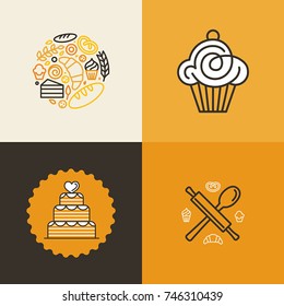 Vector set of logo design templates, badges and icons related to bakery - sweet cupcakes shop, cook in a hat, mill and wheat