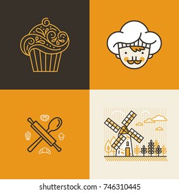 Vector set of logo design templates, badges and icons related to bakery - sweet cupcakes shop, cook in a hat, mill and wheat