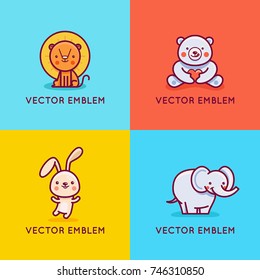 Vector set of logo design templates in cartoon flat linear style - little smiling lion, teddy bear, rabbit and elephant - emblem, mascot, sticker or badge for kids store, center, packaging, clothes
