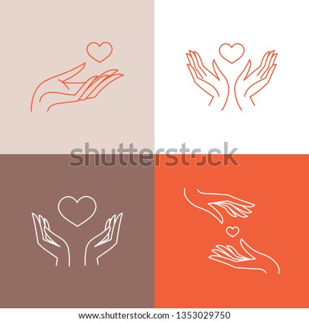 Vector set of logo design templates in trendy linear style - blood donation, medicine and healthcare concepts - caring and protecting hands and heart shape