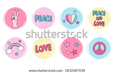 Vector set of logo design templates, icons and badges for social media highlights covers with cute peace and love doodle elements