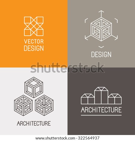 Vector set of logo design templates in trendy simple linear style - emblems and signs for architecture studios, object designers, new media artists and augmented reality start-ups