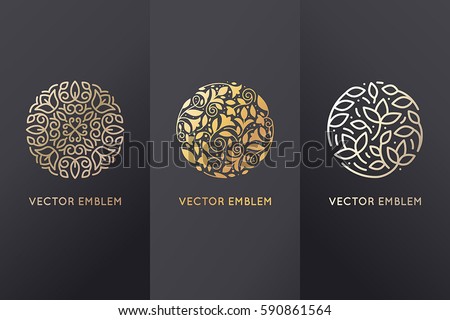 Vector set of logo design templates in trendy linear style with flowers and leaves - signs made with golden foil on black background - luxury products, florist emblems, organic cosmetics packaging 