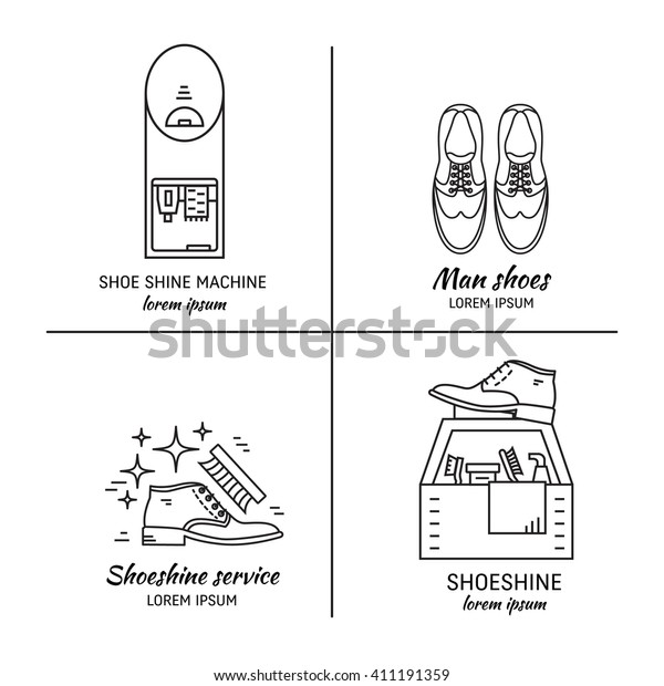 Vector set of logo design\
templates, for shoeshine service. Man shoes, shoe care equipment,\
shoe shine machine. Outline icon for shoe care in trendy linear\
style.