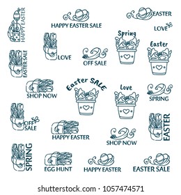 Vector set of logo, labels, signs, tags and quotes for Easter day decoration. Caption for spring, Easter sale, egg hunt with flower pots, tulips, leaves and eggs cute tiny arts
