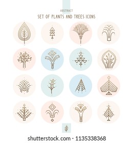 Vector set of logo nature elements - abstract geometric monograms in linear minimalistic style. Floral simple icons. Outline emblemsn - design of natural products, cosmetics and global ecology, tattoo