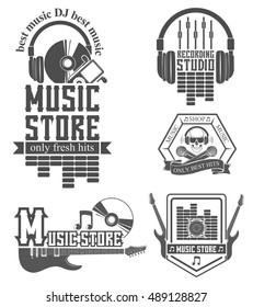 Vector set of logo for the recording studio and music shop. Graphic design concept with a silhouette of a guitar, skull, headphones, equalizer, note. Symbol, emblem, on an element of the music.
