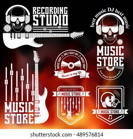 Vector set of logo for the recording studio and music shop. Graphic design concept with a silhouette of a guitar, skull, headphones, equalizer, note. 
