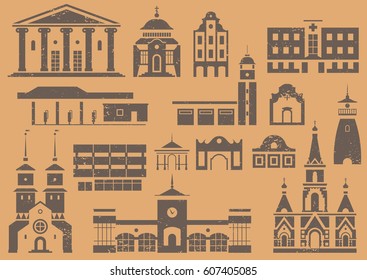 Vector set of logo, stencils and prints of city buildings. Black different public and residential houses on beige grunge background.