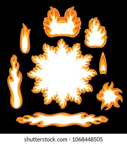 Vector set of logo symbols of fire image with place for text on black background. Flame collection