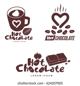 Vector Set Logo Template Hot Chocolate. Hot Cocoa, Marshmallow. Vector Template For Business Card, Poster, Banner, Design Elements For Cafe, Coffee Shop. Isolated On White Background.