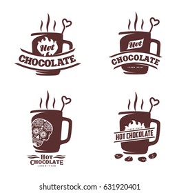 Vector set logo template hot chocolate. Hot cocoa, marshmallow. Vector template for business card, poster, banner, design elements for cafe, coffee shop. Isolated on white background.
