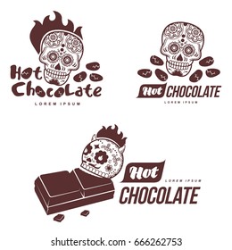 Vector set logo template hot chocolate. Hot cocoa, roasted cocoa beans. Vector template for business card, poster, banner, design elements for cafe, coffee shop. Isolated on white background.