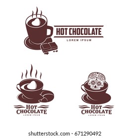 Vector set logo template hot chocolate. Hot cocoa, marshmallow. Vector template for business card, poster, banner, design elements for cafe, coffee shop. Isolated on white background.