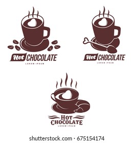 Vector set logo template hot chocolate. Hot cocoa, marshmallow. Vector template for business card, poster, banner, design elements for cafe, coffee shop. Isolated on white background.