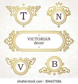 Vector set of logo template in Victorian style. Ornate golden element for design. Place for company name, slogan. Floral ornament for business card, wedding invitations, certificate, sign, monogram.