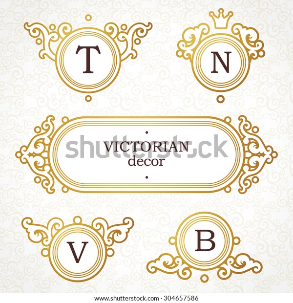 Vector set of logo template in Victorian style.\
Ornate golden element for design. Place for company name, slogan.\
Floral ornament for business card, wedding invitations,\
certificate, sign,\
monogram.