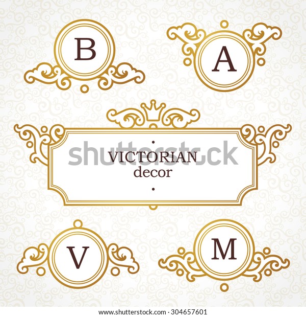 Vector set of logo template in Victorian style.\
Ornate golden element for design. Place for company name, slogan.\
Floral ornament for business card, wedding invitations,\
certificate, sign,\
monogram.