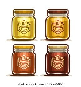 Vector Set logo wild flower chamomile yellow pure Honey in glass Jar with label, pot dark buckwheat raw honey jar with plastic cap, liquid honeyed dessert for breakfast isolated on white background.