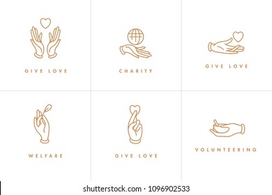 Vector set of logos, badges and icons for charity and volunteer concepts. Philanthropic organization signs design. Collection symbol of volunteer organizations