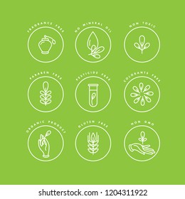 Vector set of logos, badges and icons for natural and organic products. Eco safe sign design. Collection symbol of healthy products