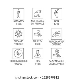 Vector set of logos, badges and icons for natural eco friendly handmade products, organic cosmetics, vegan and vegetarian food isolated on white background. Eco safe sign design
