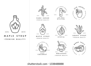 Vector set of logos, badges and icons for natural and organic products. Collection symbol of healthy products and sugar alternatives, natural substitutes